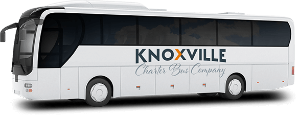 a plain white charter bus with a knoxville charter bus company logo on it