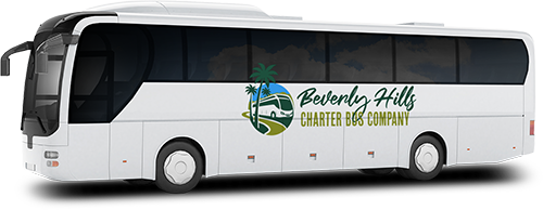 a plain white charter bus with a beverly hills charter bus company logo on it